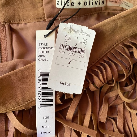 NWT Alice + Olivia Lavana Tiered Camel Suede Fringe Skirt Size 2 - Picture 3 of 5
